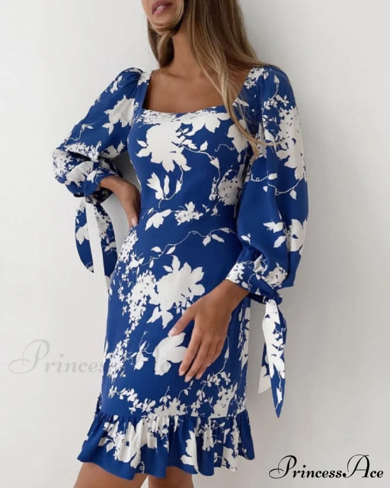 Shirred Ruffles Midi Vestidos Elegant Party Dress Blue 3 / S