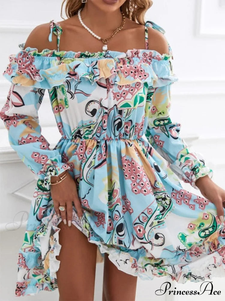 Shirred Ruffles Midi Vestidos Elegant Party Dress Blue 4 / S