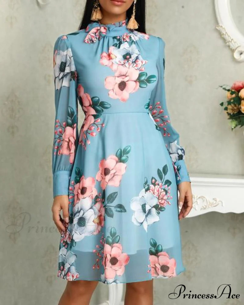 Shirred Ruffles Midi Vestidos Elegant Party Dress Light Blue 1 / S