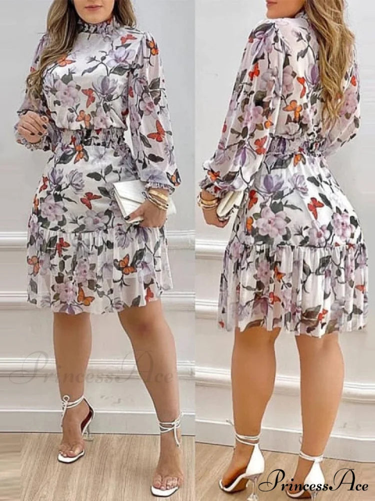 Shirred Ruffles Midi Vestidos Elegant Party Dress Multicolor / S