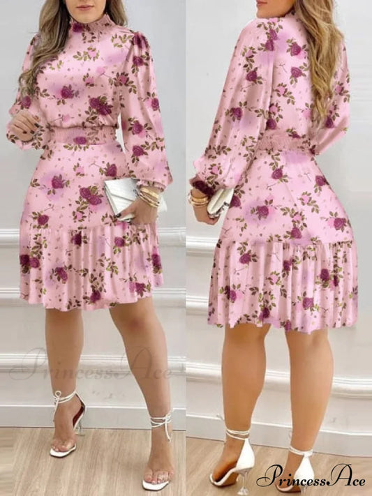 Shirred Ruffles Midi Vestidos Elegant Party Dress Pink 1 / S