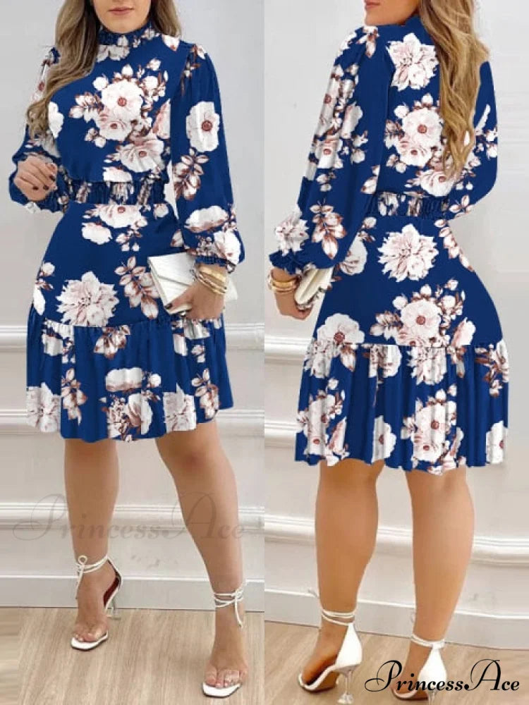 Shirred Ruffles Midi Vestidos Elegant Party Dress Purplish Blue / S