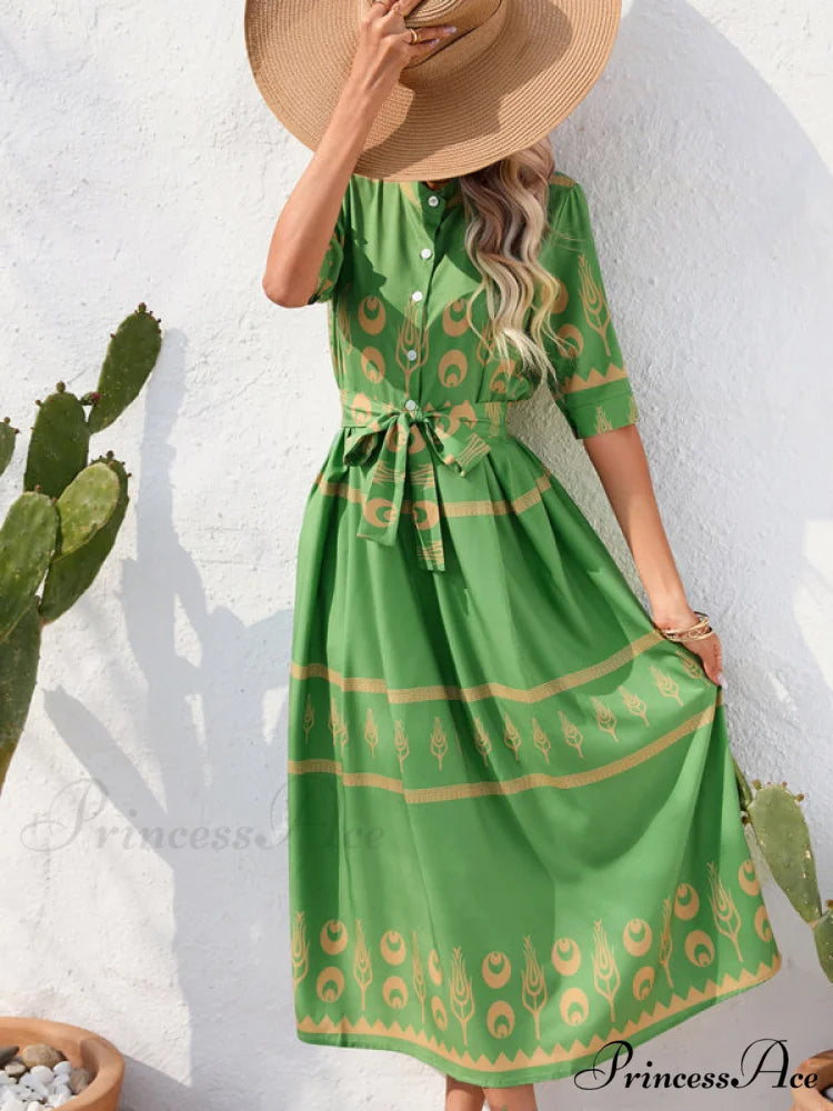 Shirred-waist Patterned Full-Length Crepe Gown for Three-quarter-sleeve Women