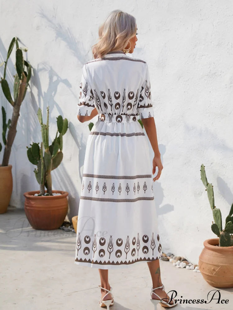 Shirred-waist Patterned Full-Length Crepe Gown for Three-quarter-sleeve Women