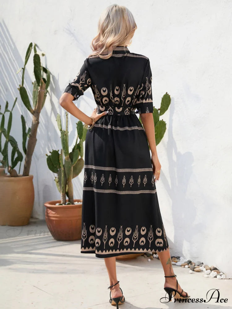Shirred-waist Patterned Full-Length Crepe Gown for Three-quarter-sleeve Women