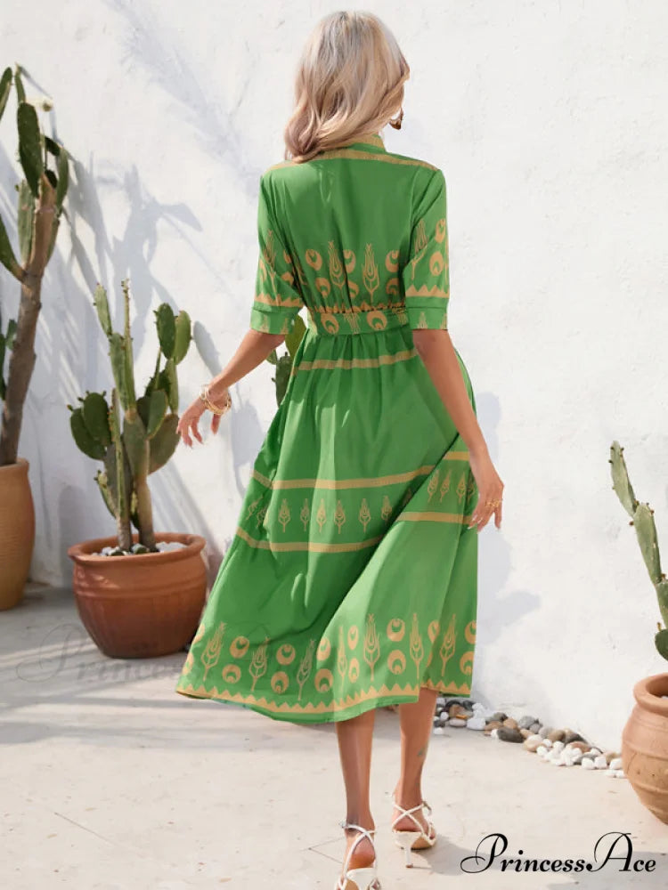 Shirred-waist Patterned Full-Length Crepe Gown for Three-quarter-sleeve Women