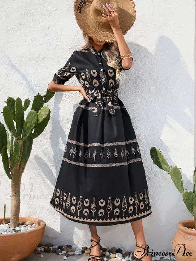 Shirred-waist Patterned Full-Length Crepe Gown for Three-quarter-sleeve Women