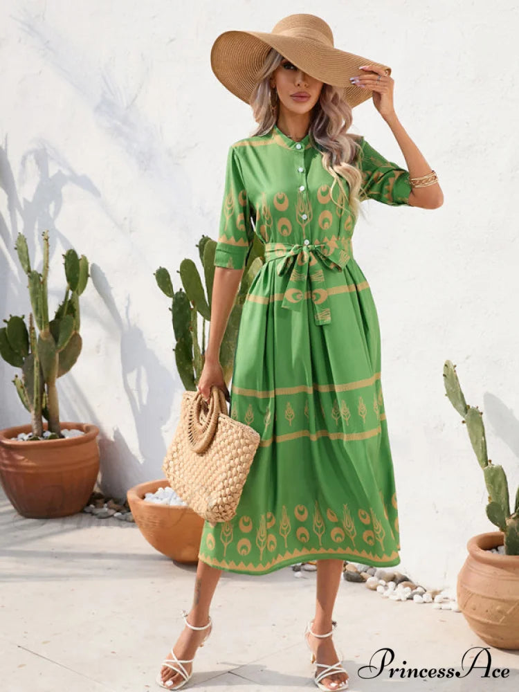 Shirred-waist Patterned Full-Length Crepe Gown for Three-quarter-sleeve Women Green / S