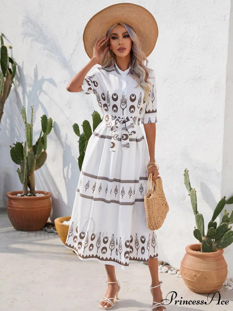 Shirred-waist Patterned Full-Length Crepe Gown for Three-quarter-sleeve Women White / S