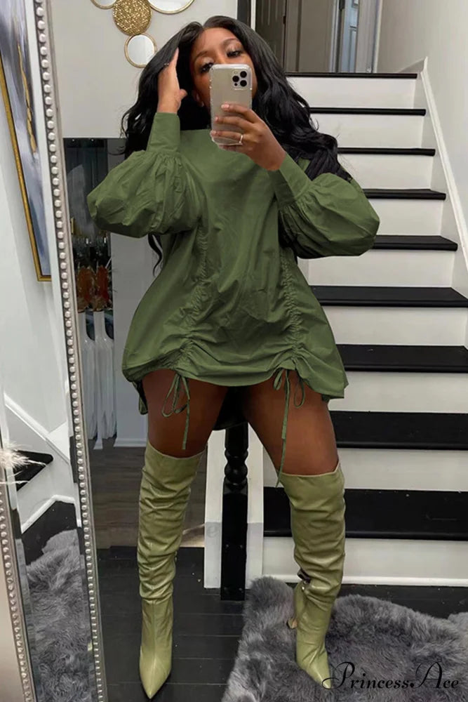 Shirring Shirt Dress with High Collar Army Green / S