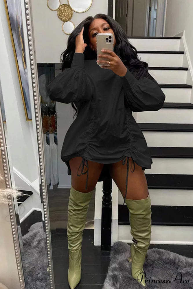 Shirring Shirt Dress with High Collar Black / S