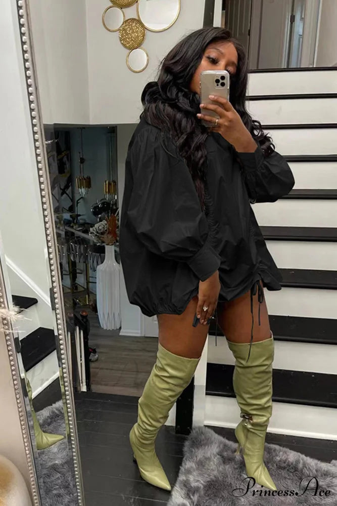 Shirring Shirt Dress with High Collar Black / XL