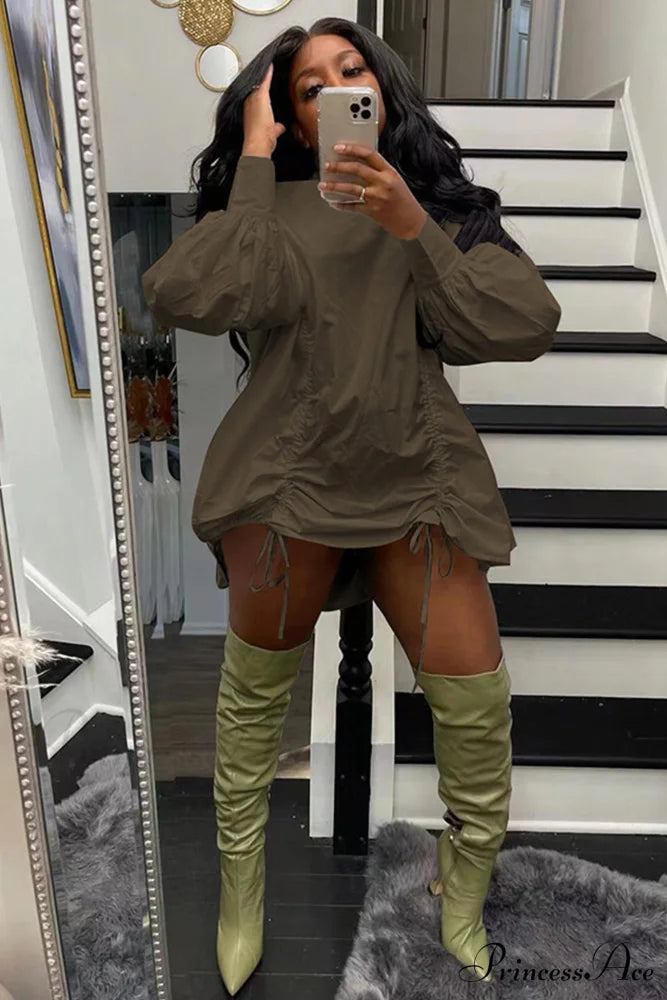 Shirring Shirt Dress with High Collar Brown / S