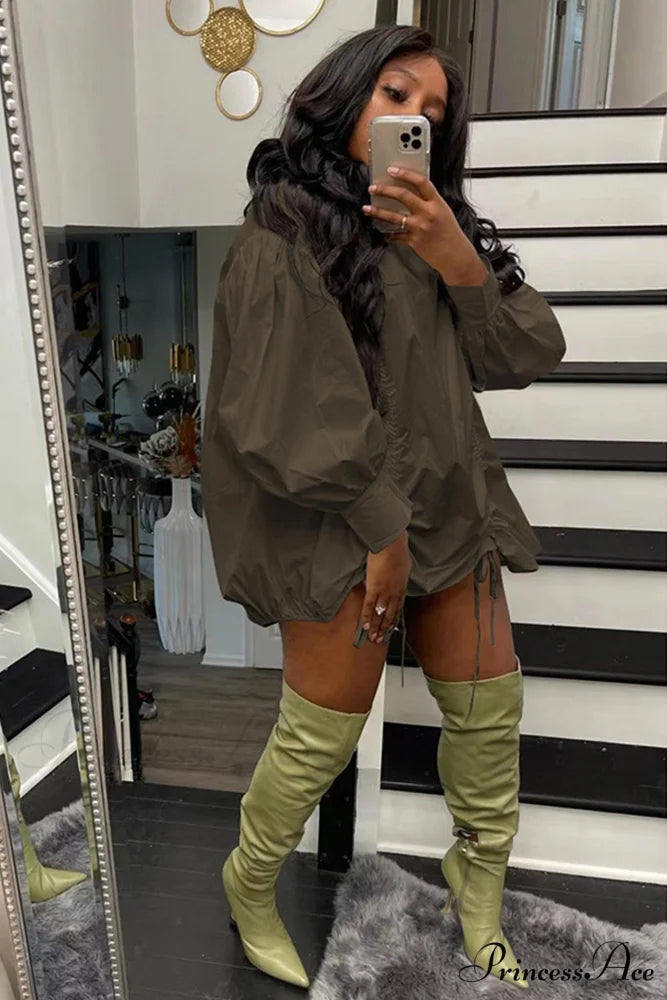 Shirring Shirt Dress with High Collar Brown / XL