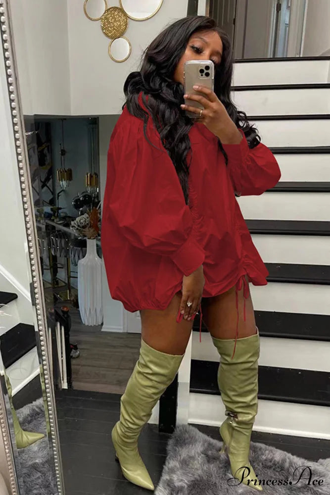 Shirring Shirt Dress with High Collar Red / XL