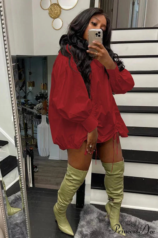 Shirring Shirt Dress with High Collar Red / XL