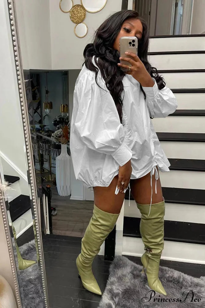 Shirring Shirt Dress with High Collar White / S