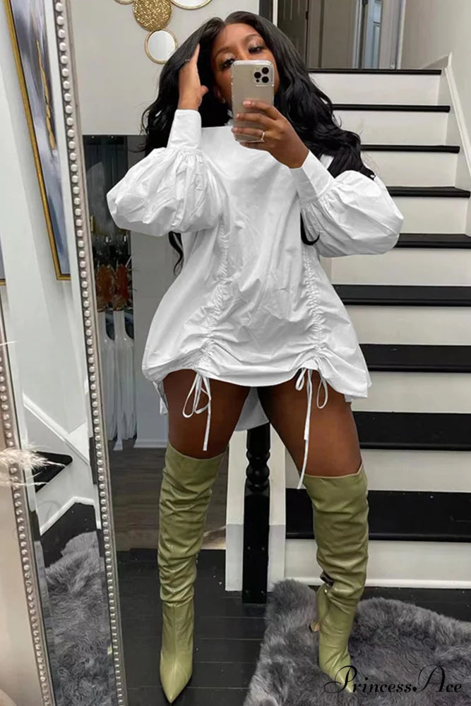 Shirring Shirt Dress with High Collar White / XL