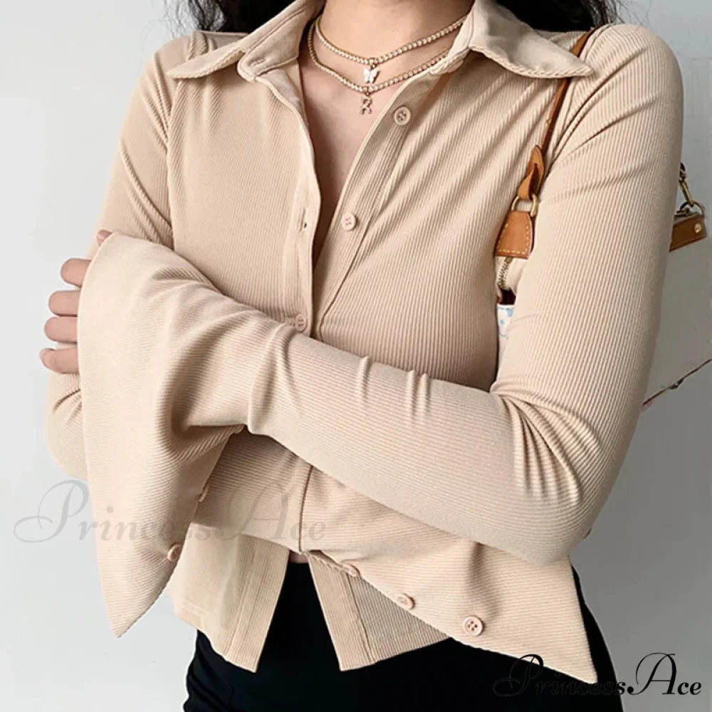 Shirt Collar Flared Sleeve Top blouse-250223