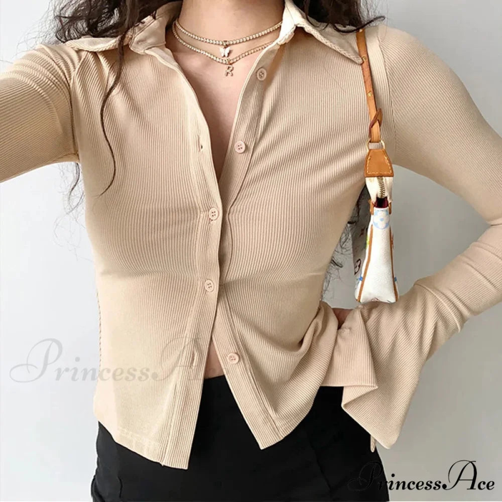 Shirt Collar Flared Sleeve Top blouse-250223