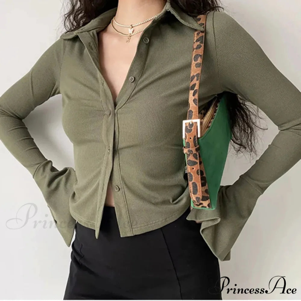 Shirt Collar Flared Sleeve Top blouse-250223