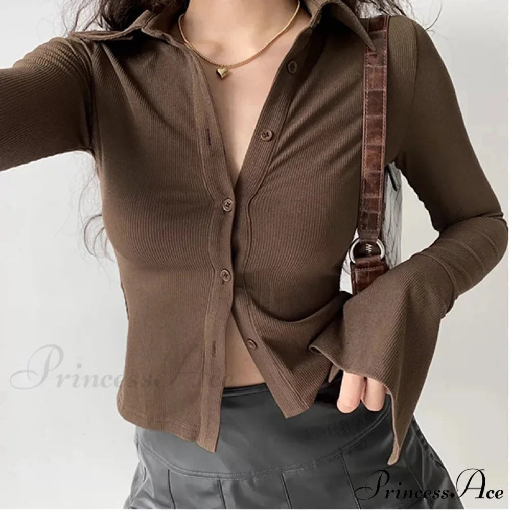 Shirt Collar Flared Sleeve Top Brown / S blouse-250223