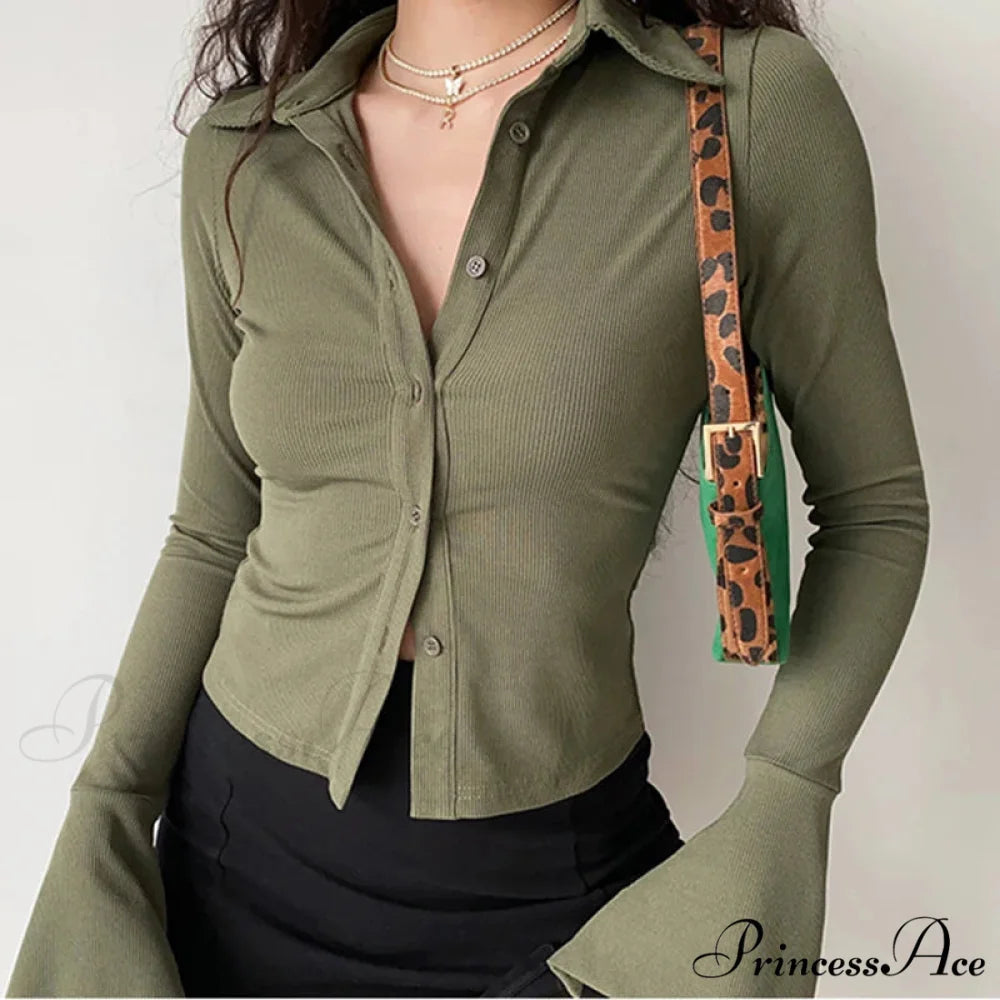 Shirt Collar Flared Sleeve Top Green / S blouse-250223
