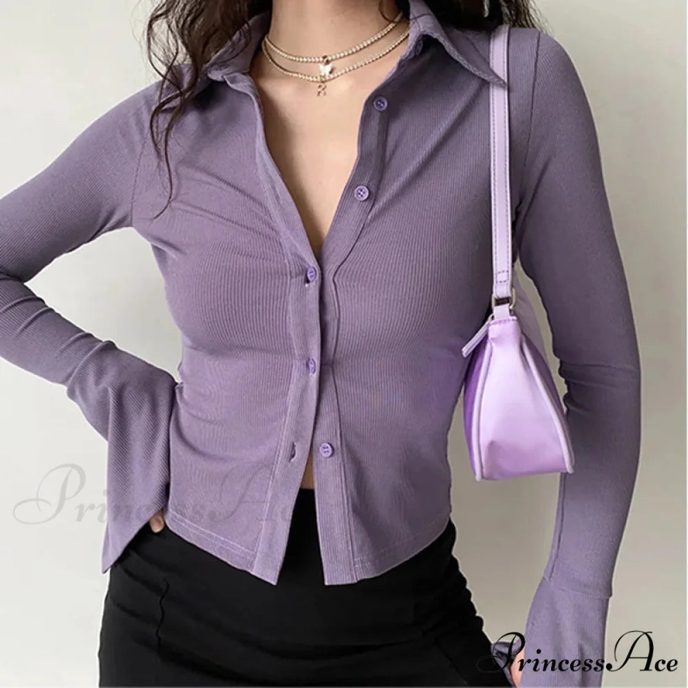 Shirt Collar Flared Sleeve Top Purple / S blouse-250223