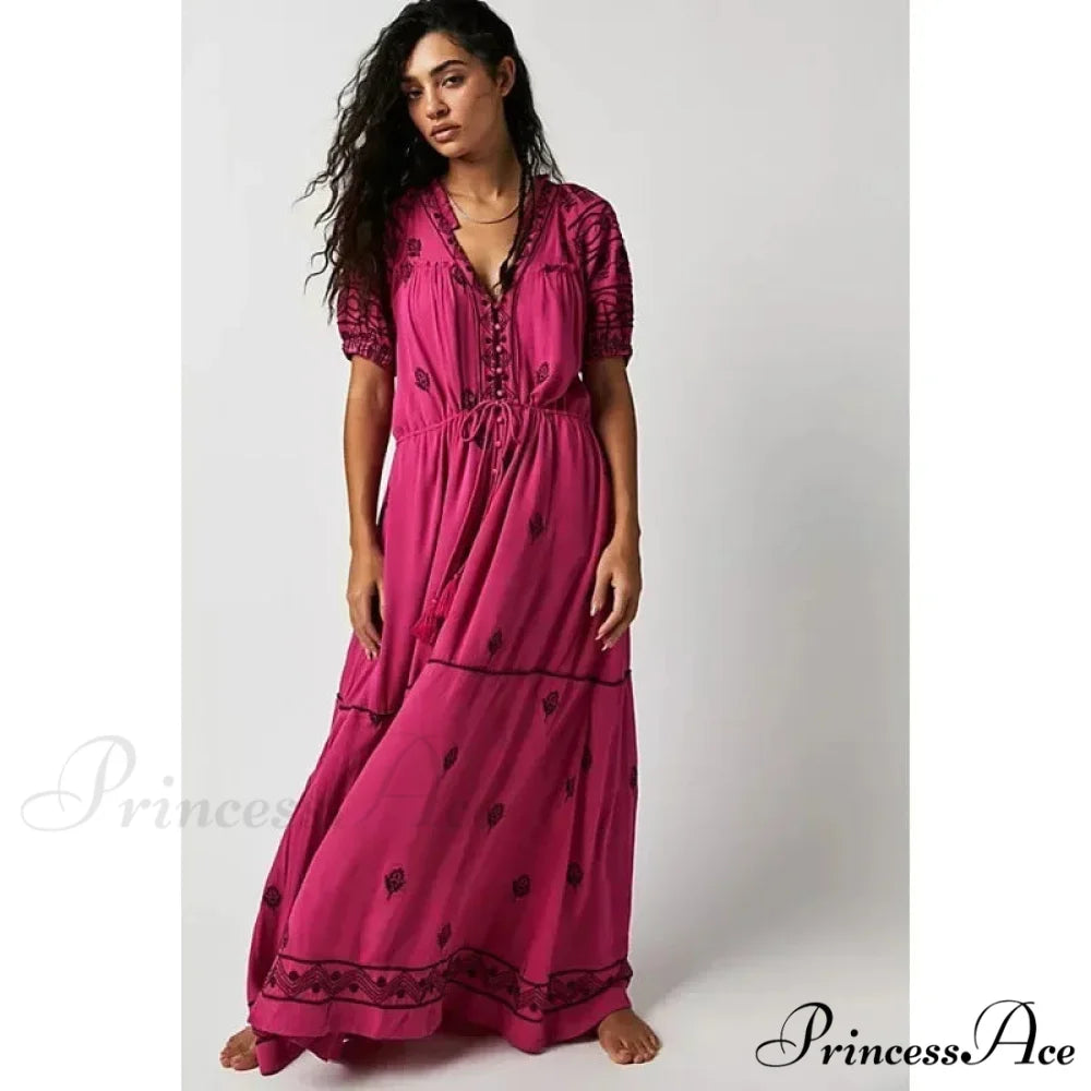 Shirt Down Stitched Short Sleeve Stylish Boho Dress bohodress-250126