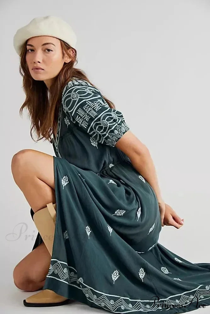 Shirt Down Stitched Short Sleeve Stylish Boho Dress bohodress-250126