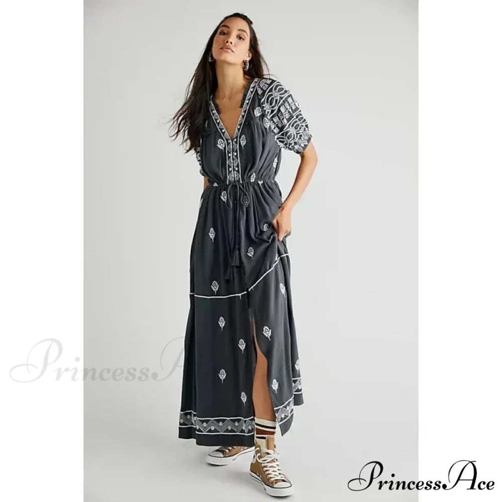 Shirt Down Stitched Short Sleeve Stylish Boho Dress Dark Gray / S bohodress-250126