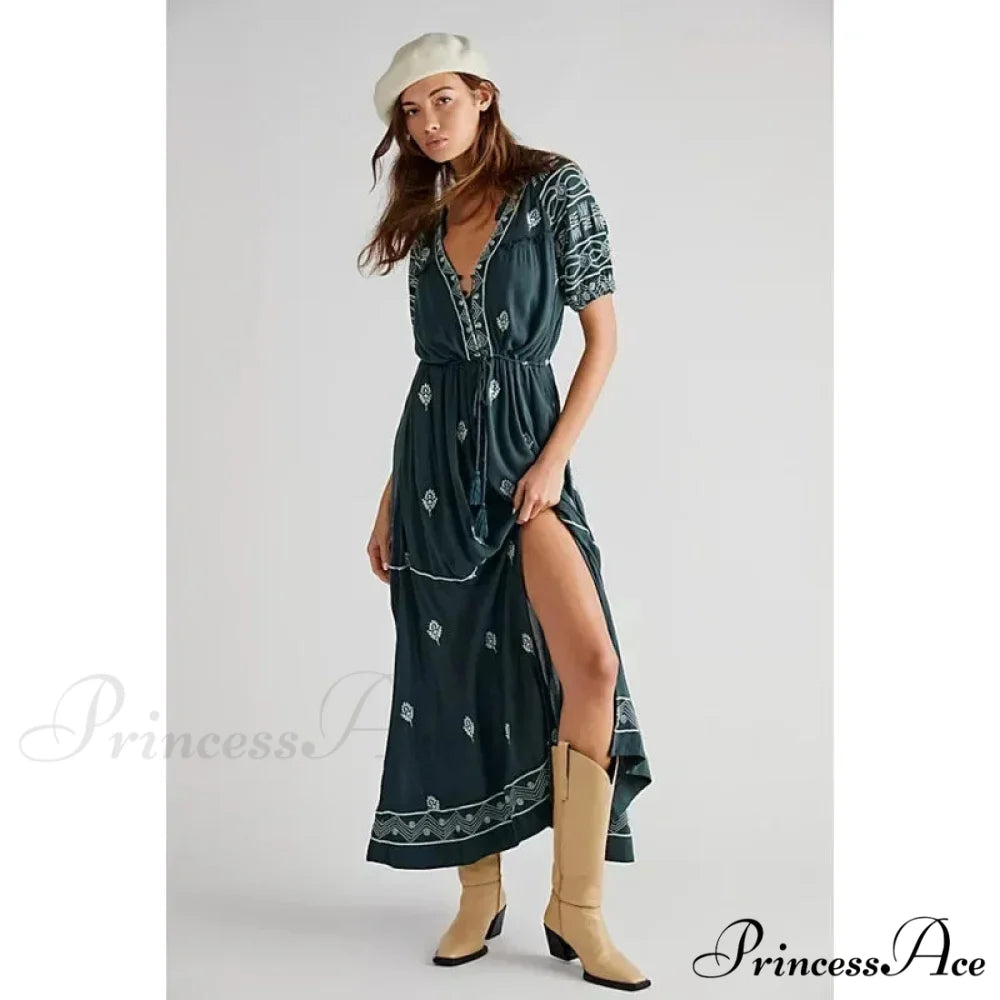 Shirt Down Stitched Short Sleeve Stylish Boho Dress Dark Green / S bohodress-250126