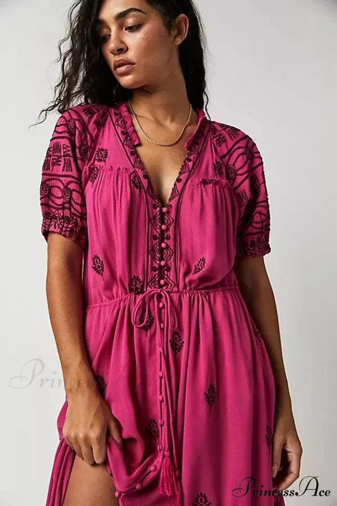 Shirt Down Stitched Short Sleeve Stylish Boho Dress Rose Red / S bohodress-250126