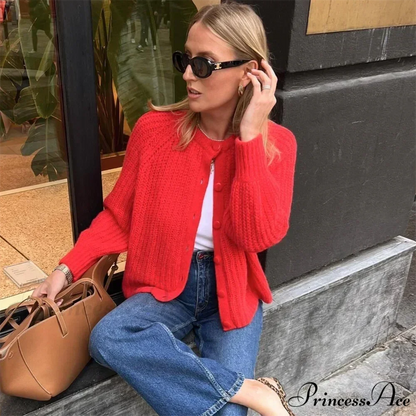 Short Cardigan with Round Neck Long Sleeve Fashionable Red Christmas Sweater