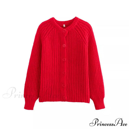Short Cardigan with Round Neck Long Sleeve Fashionable Red Christmas Sweater Red / S