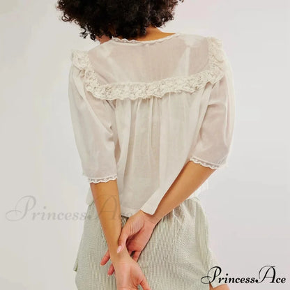 Short Cut Chiffon Frill Lace Trim Top blouse-250223