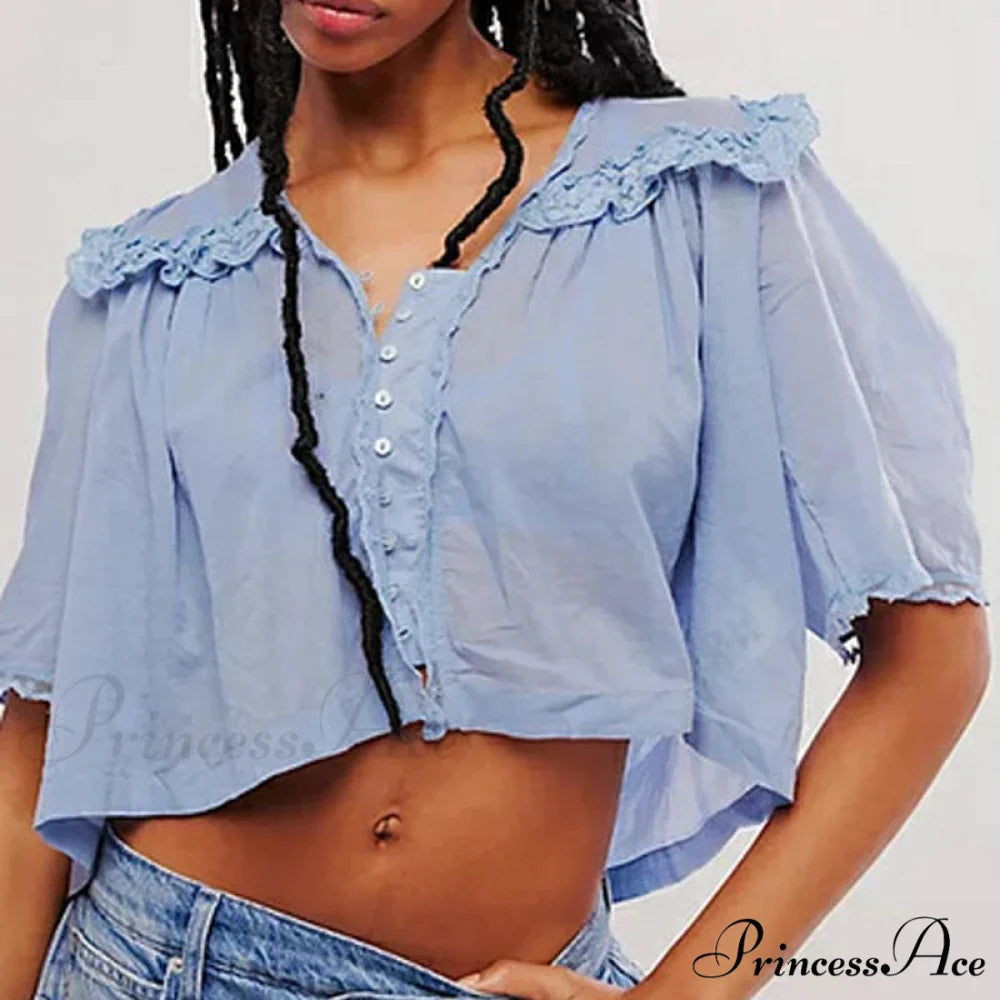 Short Cut Chiffon Frill Lace Trim Top Blue / XS blouse-250223