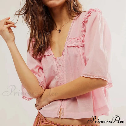 Short Cut Chiffon Frill Lace Trim Top Pink / XS blouse-250223