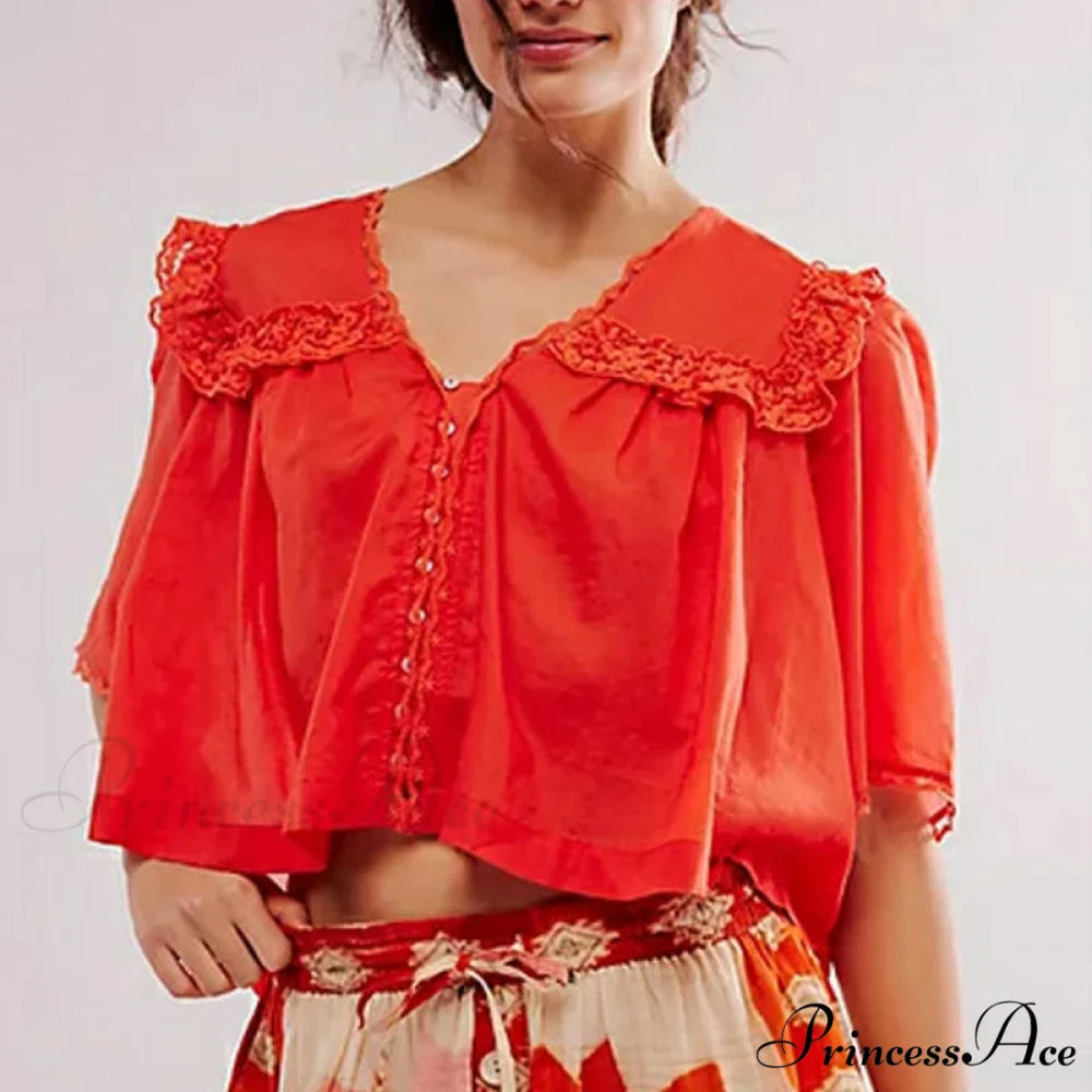 Short Cut Chiffon Frill Lace Trim Top Red / XS blouse-250223