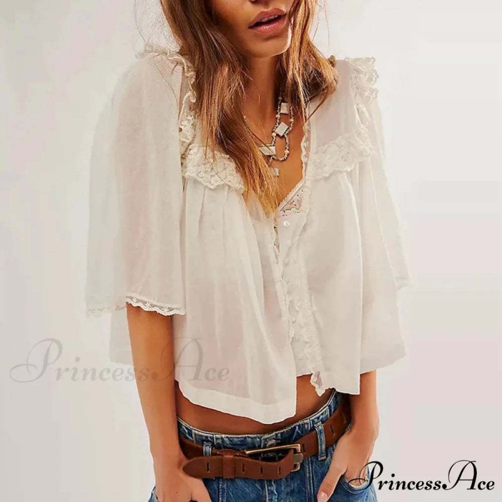 Short Cut Chiffon Frill Lace Trim Top WHITE / XS blouse-250223