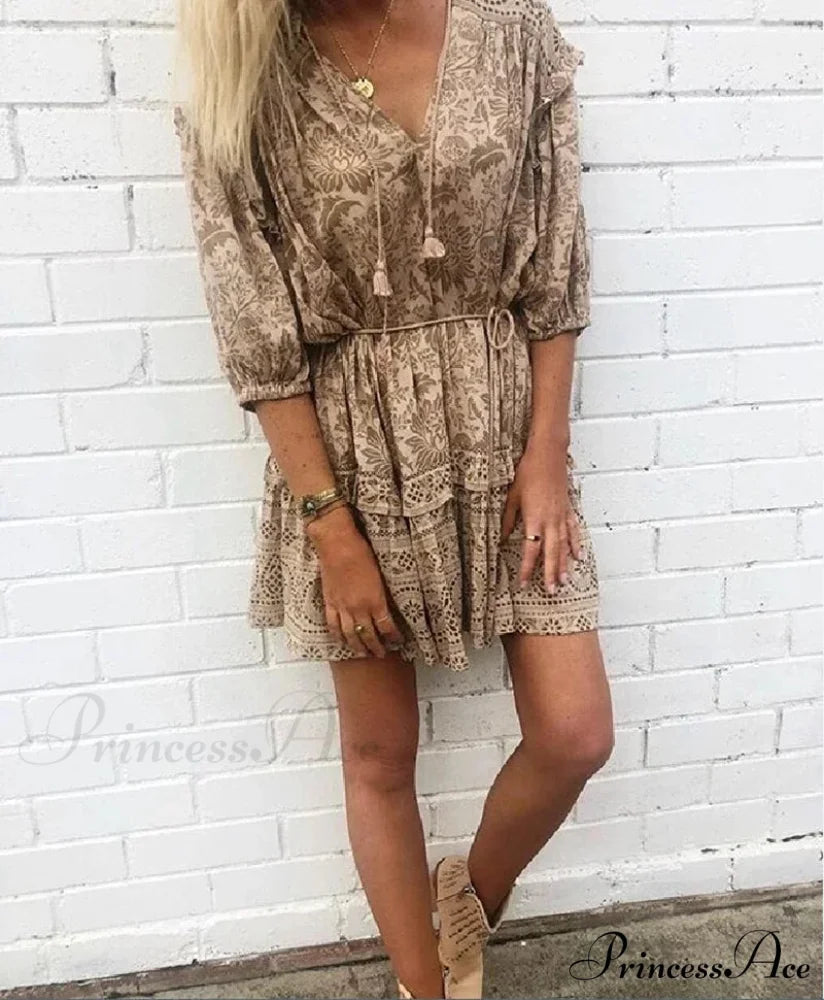 Short Dress Bohemian Retro Sleeveless Flower Pattern Fall Seaside Dress bohodress-250126