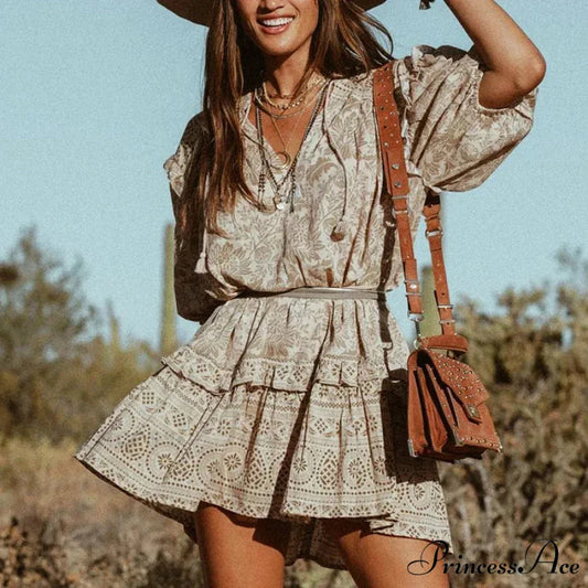 Short Dress Bohemian Retro Sleeveless Flower Pattern Fall Seaside Dress Lioness Print / S bohodress-250126