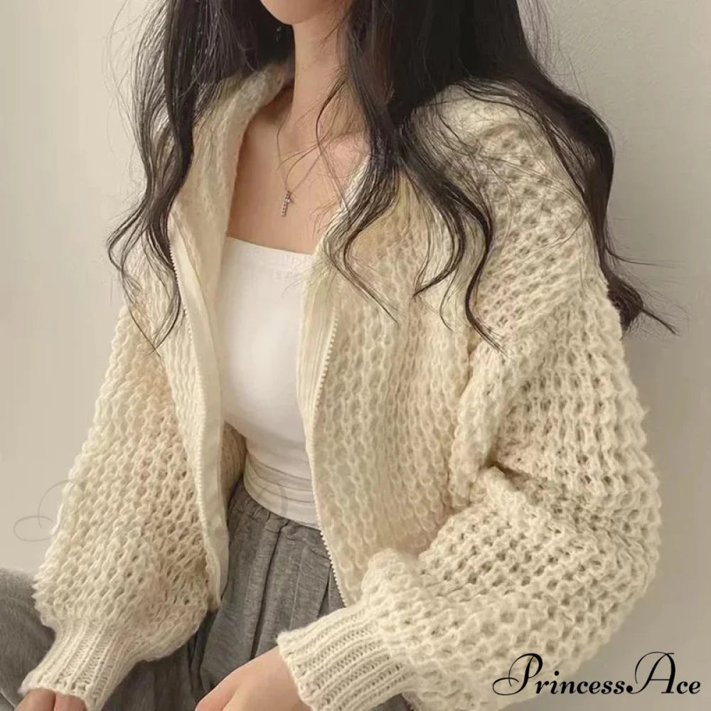 Short Hooded Perforated Knit Cardigan cardiagn-250126