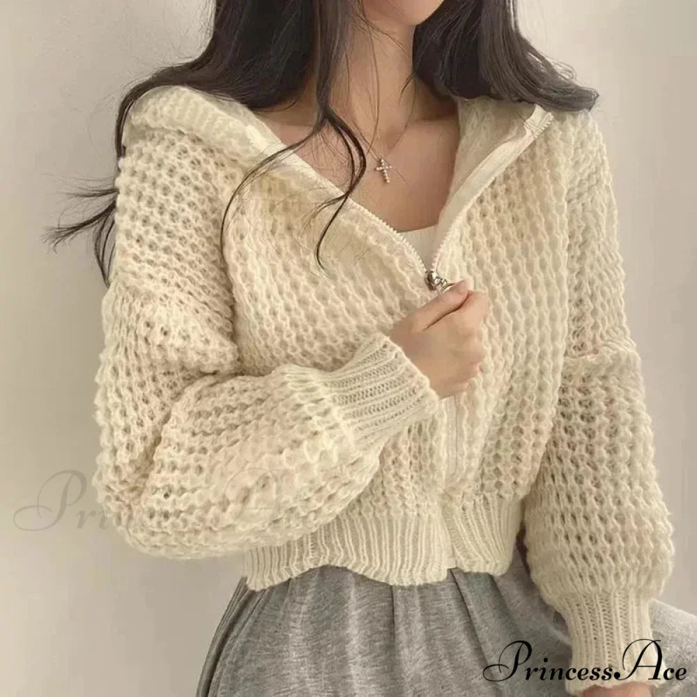 Short Hooded Perforated Knit Cardigan WHITE / S cardiagn-250126