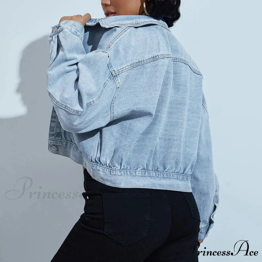 Short Long Sleeve Single Breasted Drop Shoulder Pocket Crop Warm Chic Stylish Fashionable Versatile Jacket Light Blue