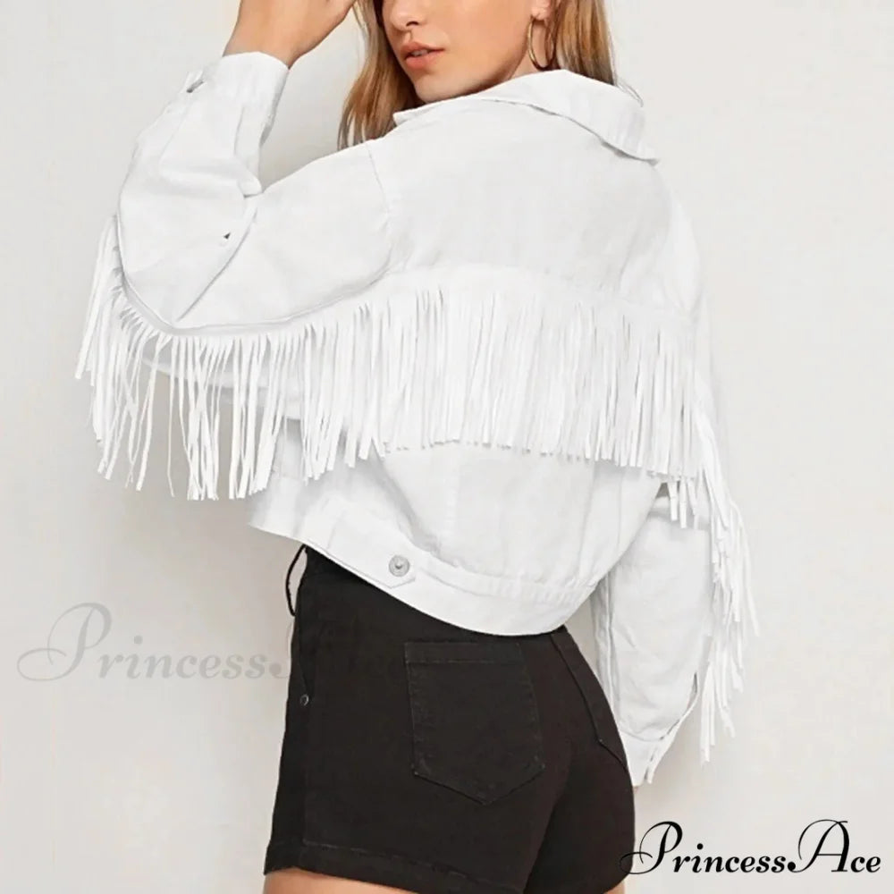 Short Loose Denim Wi Pockets Lapel Button Tassel Chic Stylish Elegant Fashionable Versatile Boyfriend Outer Jacket