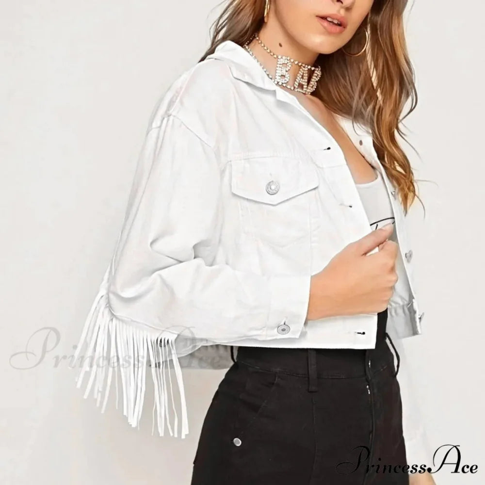 Short Loose Denim Wi Pockets Lapel Button Tassel Chic Stylish Elegant Fashionable Versatile Boyfriend Outer Jacket