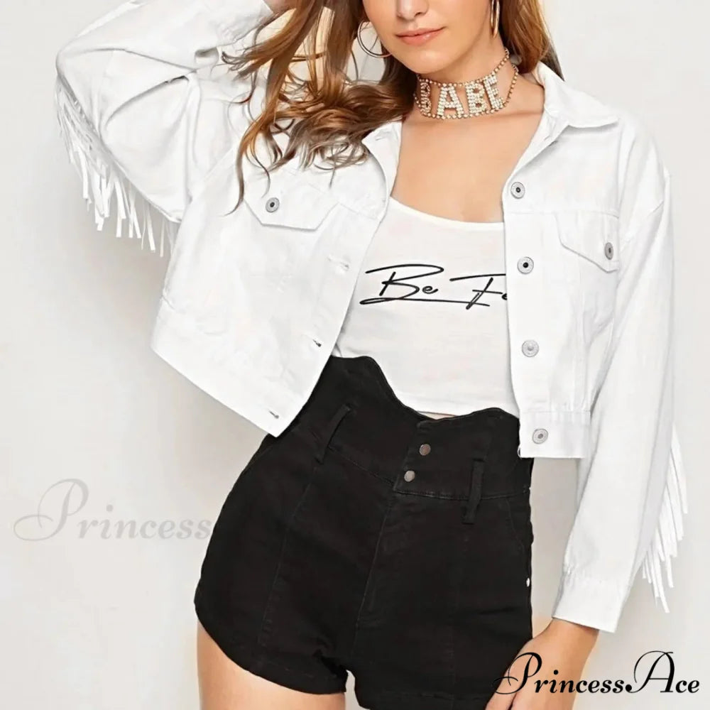 Short Loose Denim Wi Pockets Lapel Button Tassel Chic Stylish Elegant Fashionable Versatile Boyfriend Outer Jacket