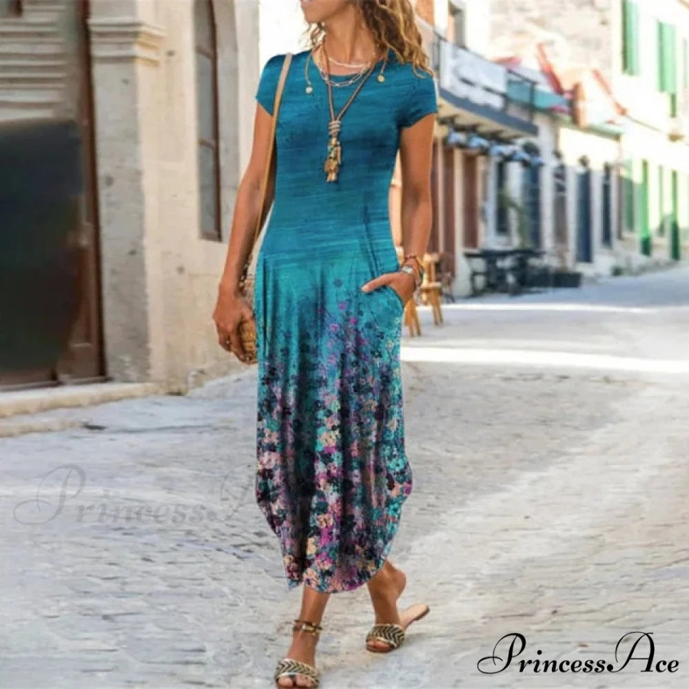 Short Sleeve Bohemian Long Dresses Blue / S