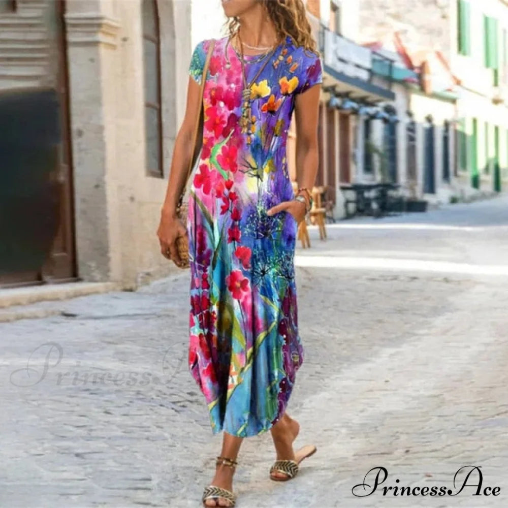 Short Sleeve Bohemian Long Dresses Colorful / S